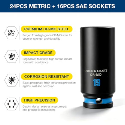 PRIDE&CRAFT 43PCS 3/8" Drive Impact Socket Set, SAE & Metric Deep and Shallow Sockets, 6-Point Cr-V Impact Socket Set with Extension Bar, Universal Joint & Drill Adapter, Heavy Duty Storage Case