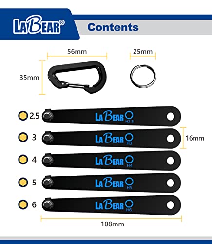 LABEAR Metric Hex Screwdriver Set, Ultra Low Profile 90°, 2.5-6mm | 10mm low-clearance access, S2 steel strength, five sizes included, carabiner storage for bike and repair kits - size: Metric HEX