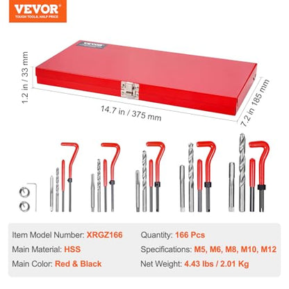 VEVOR Thread Repair Kit - 166Piece Metric HSS Drill Helicoil Repair Kit - M5 M6 M8 M10 M12 Portable Rethreading Tool Kit - Thread Inserts Taps Breakoff Installation Tools - size: 166PCS, style: METRIC