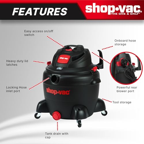 Shop-Vac 8252605 16 Gallon, Wet/Dry Utility Vacuum, 6.5 Peak HP, 2.5 Inch Diameter x 8 Foot Hose, 12 Foot Cord, Durable Design for Heavy-Duty Cleaning