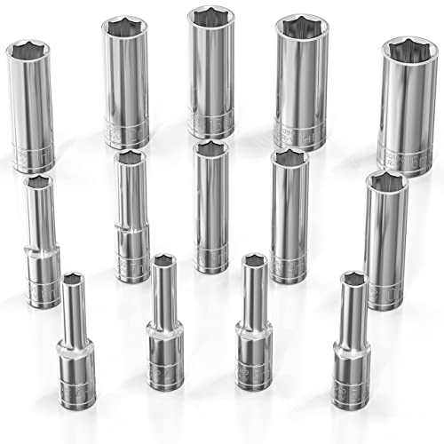 Olsa Tools Metric Deep Socket Set - 1/4-Inch Drive, 14pc - 6-Point Chrome Sockets from 4mm–15mm and No Skipped Sizes - Mechanic Deep Metric Socket Set - Professional Grade Long Sockets - Part: 1327 - color: Metric Deep, size: 14pc, 1/4-Inch Drive
