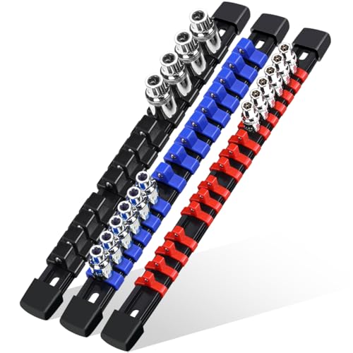 3-Piece Socket Organizer Rail Set, Heavy Duty Socket Holder for 1/4", 3/8", 1/2" Drive, 43 Clips Spring Loaded Ball Bearings for Metric & SAE Sockets, Portable Tool Tray for Toolbox Drawer - size: 3 Pcs