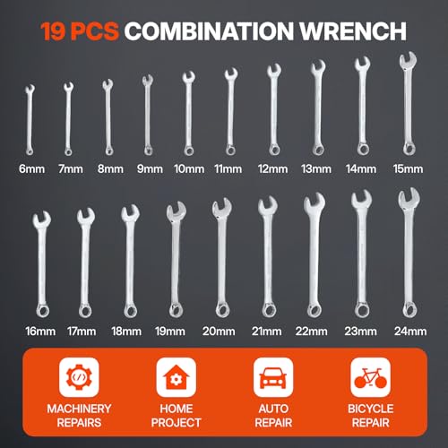BLACK CANYON Combination Wrench Set with Pouch, Metric 19-Piece (6-24 mm), 12-Point Box End & Hex Opening, Long Pattern, Polished Steel - size: Metric -19 piece set