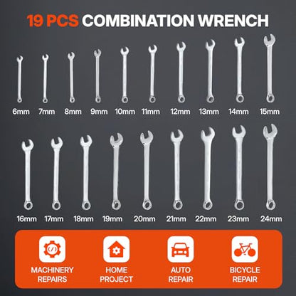 BLACK CANYON Combination Wrench Set with Pouch, Metric 19-Piece (6-24 mm), 12-Point Box End & Hex Opening, Long Pattern, Polished Steel - size: Metric -19 piece set