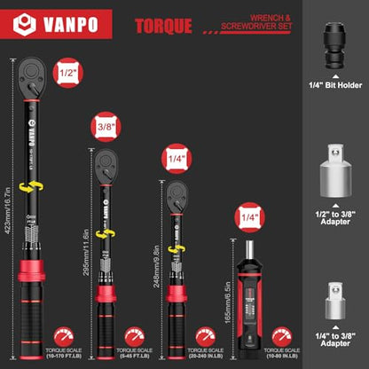 VANPO Torque Wrench Set, 1/4" 3/8" 1/2" Drive, for Bike, Motorcycle, Car | 20-240 In.lb, 5-45 Ft.lb, 10-170 Ft.lb with 3 Adapters,±3% Accuracy, Click Torque Wrenches, 72-Tooth,Dual Scale,Storage Case - size: Set(10-80in.lb,20-240in.lb.5-45ft.lb,10-170ft-l