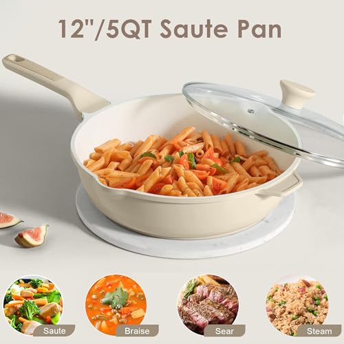 SENSARTE Nonstick Saute Pan with Lid 12-inch/5QT, Non Toxic Ceramic Deep Frying Pan, Dishwasher Safe Skillet with Stay-cool Handle, Healthy Cooking Pot, Induction Compatible, Cream White - color: Antique White, size: 12-inch/5QT