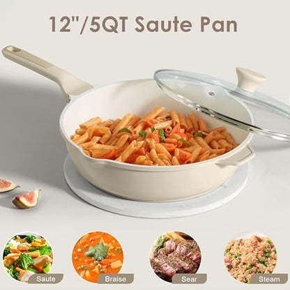 SENSARTE Nonstick Saute Pan with Lid 12-inch/5QT, Non Toxic Ceramic Deep Frying Pan, Dishwasher Safe Skillet with Stay-cool Handle, Healthy Cooking Pot, Induction Compatible, Cream White - color: Antique White, size: 12-inch/5QT