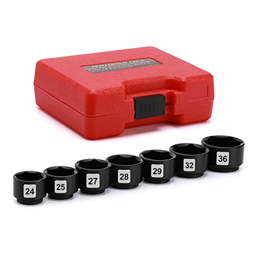 EMENTOL 7PCS 3/8" Drive Low Profile Oil Filter Socket, CR-V, Oil Filter Cap Remover and Installer Tool Set, 24mm, 25mm, 27mm, 28mm, 29mm, 32mm, 36mm, Oil Filter Cap Wrench Tool Kit