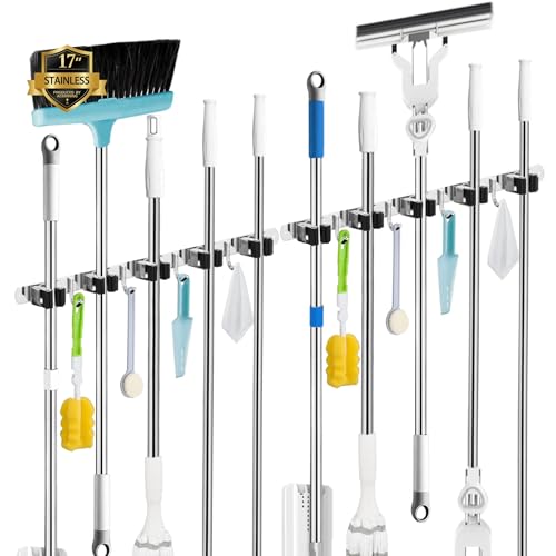 2 Pack Mop and Broom Holder Wall Mount, 5 Racks and 4 Hooks Broom Organizer Storage Tool Racks Stainless Steel Heavy Duty Hooks Self Adhesive Solid Non-slip for Home Kitchen Garden Laundry Garage | Mop Holder Wall Mount and Broom Hanger for Garage, Laundr