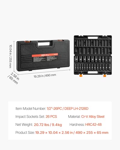 VEVOR Impact Socket Set, 1/2" Drive, 26-Piece Impact Sockets, 6-Point Sockets, Metric 10-30 mm, 32-36 mm, Easy to Identify, with a Sturdy Storage Case, Cr-V Alloy Steel Structure, for Vehicles Repair