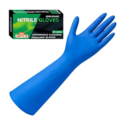 16 inch Nitrile Disposable Gloves Long Sleeved Blue 6Mil Durable Waterproof Latex Free Cleaning Dishwashing 50PCS - color: Blue, size: Large