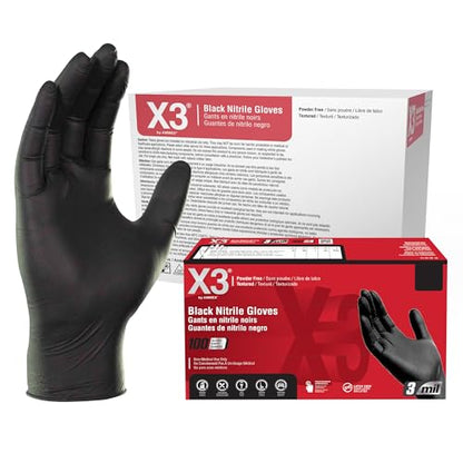 X3 Black Gloves, Disposable, Latex Free, Nitrile, for Cooking, Food Prep, 3 Mil, Powder-Free, Sizes Small through XX-Large - size: X-Large, style: Case of 1000