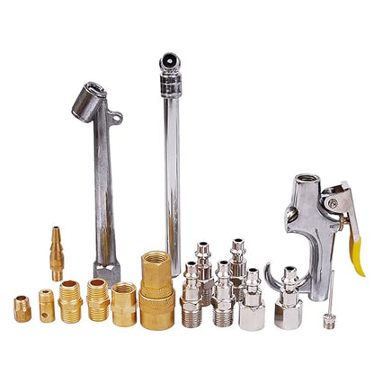 SURTEK Air Tool Accessories Kit - 17-piece Pneumatic Inflator Set with Inflator Chuck, Blow Nozzle, Pressure Gauge, Coupler, 5 Plugs & Compressor Attachments - 108141