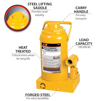 Performance Tool W1637 50 Ton (100,000 lbs.) Heavy Duty Hydraulic Bottle Jack - size: 50-Ton
