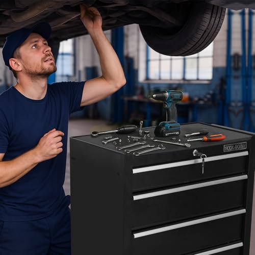 5-Drawer Rolling Tool Chest with Locking Wheels & Drawers, 13" D x 24.2" W x 34.6" H Mobile Tool Storage Cabinet, Heavy-Duty Garage Organizer w/Ergonomic Handle - color: White and Black