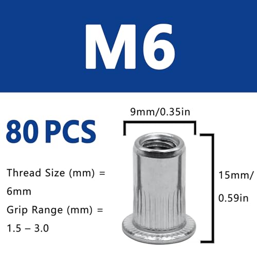 80Pcs M6 Rivet Nuts, 304 Stainless Steel Flat Head Rivnut Threaded Insert Nutsert - color: Silver, size: M6