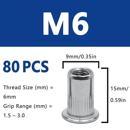 80Pcs M6 Rivet Nuts, 304 Stainless Steel Flat Head Rivnut Threaded Insert Nutsert - color: Silver, size: M6
