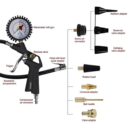 Hausse Heavy Duty Air Compressor Accessory Kit, Air Blow Gun and Air Hose Fittings, 1/4" NPT Air Tool Kit with 100 PSI Tire Inflator Gauge - size: Dial Gauge