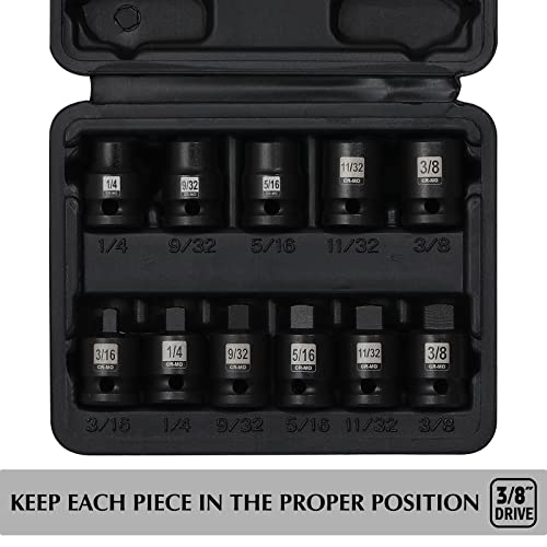 EMENTOL 11PCS 3/8" Drive Pipe Plug Socket Set, SAE, CR-MO, Tapered Male Square Drive- 3/16 Inch to 3/8 Inch, Chamfered Female Square Drive- 1/4 Inch to 3/8 Inch, 11 Pieces Set - size: 11PCS 3/8"Dr.