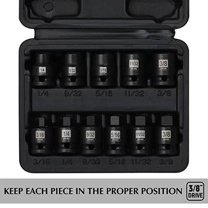 EMENTOL 11PCS 3/8" Drive Pipe Plug Socket Set, SAE, CR-MO, Tapered Male Square Drive- 3/16 Inch to 3/8 Inch, Chamfered Female Square Drive- 1/4 Inch to 3/8 Inch, 11 Pieces Set - size: 11PCS 3/8"Dr.