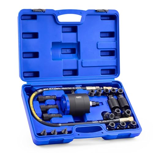 Orion Motor Tech Pneumatic Injector Puller Set for Diesel Engines, 23 pcs 5-8 Bar Air Vibration Injector Removal Tool Kit with Extractor Hammer, 19 Adapters, Extension Hose, and EU US Connectors
