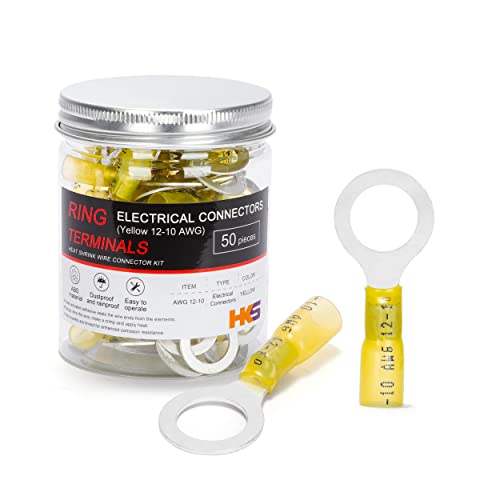 HKS 50 PCS Ring Terminals 1/2" Yellow 12-10 AWG - M12 - Electrical Connectors - Heat Shrink Wire Connector Kit - Tinned Red Copper - Automotive Marine Ring Connectors - Waterproof and Insulated - size: 1/2" (M12)