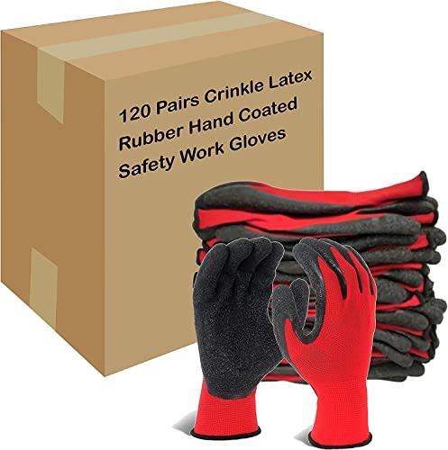 Evridwear Crinkle Latex Rubber Hand Coated Safety Work Gloves for Men Women General Multi Use Construction Warehouse Gardening Assembly Landscaping,Red X-small 120 Pairs Pack - color: Red-120 Pairs, size: X-Small