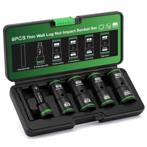 TecoTek 6PCS Thin Wall Lug Nut Impact Socket Set, 1/2" Drive Impact Flip Socket Set, 8 in 1 Dual End Wheel Tire Nut Sockets, Metric 17 19 21 22mm & SAE 3/4" 13/16" 7/8" 15/16", Lug Nut Removal Tool - size: Standard Metric & SAE
