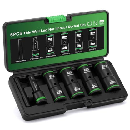 TecoTek 6PCS Thin Wall Lug Nut Impact Socket Set, 1/2" Drive Impact Flip Socket Set, 8 in 1 Dual End Wheel Tire Nut Sockets, Metric 17 19 21 22mm & SAE 3/4" 13/16" 7/8" 15/16", Lug Nut Removal Tool - size: Standard Metric & SAE