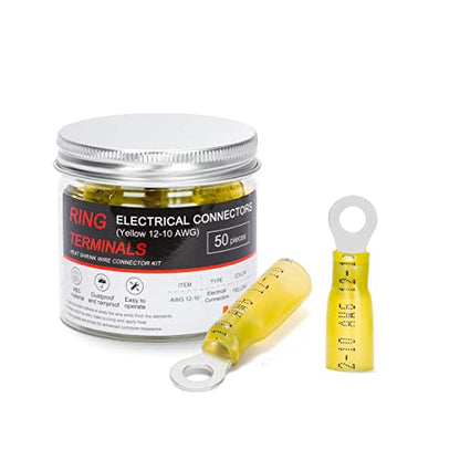 HKS 50 PCS Ring Terminals #10 Yellow 12-10 AWG - M5 - Electrical Connectors - Heat Shrink Wire Connector Kit - Tinned Red Copper - Automotive Marine Ring Connectors - Waterproof and Insulated - size: #10 (M5)