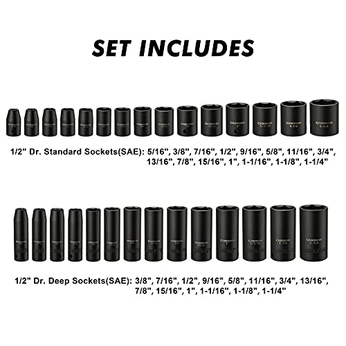 CASOMAN 1/2-inch 70 Pieces Impact Socket Master Set, SAE & Metric from 5/16"-1-1/4",8-24mm, Shallow/Deep Socket with Ratched Hand, Extension Bar and Adapters - size: 1/2"Drive 70pcs Impact Master Socket Set