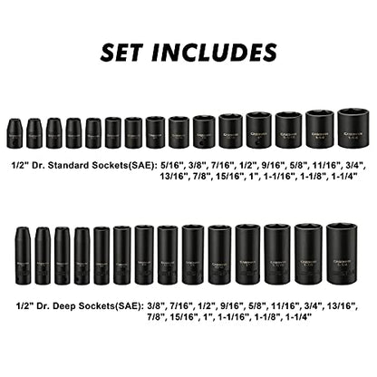 CASOMAN 1/2-inch 70 Pieces Impact Socket Master Set, SAE & Metric from 5/16"-1-1/4",8-24mm, Shallow/Deep Socket with Ratched Hand, Extension Bar and Adapters - size: 1/2"Drive 70pcs Impact Master Socket Set