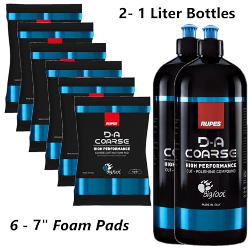 Rupes D-A Series Two 1-Liter Bottles Cut Polishing Compound & Six Count 7" Coarse Cutting Foam Pads - Excellcent Clarity, Low Dusting & Easy Wipe Off - size: 7"