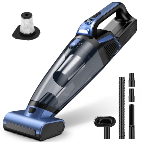 Pet Hair Handheld Vacuum Cordless: 20000PA High Power Car Vacuum with Motorized Brush and LED Light, Rechargeable Hand Held Vacuum Cleaner with Reusable Filter for Car, Home, Office & Pet, Blue - color: Blue
