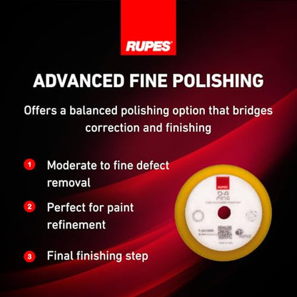 RUPES 9.DA100M Pack of 12 Yellow D-A Fine Finishing Foam Pads 100mm | Ideal for Paint Correction | Moderate to Fine Defect Removal | Compatible with 4" Backing Plate - size: Fine 100mm, style: Pack of 12