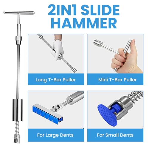 97 PCs Dent Puller Kit, PDR Tools-Car dent pop Out Tool kit | Paintless Dent Removal Kit with Golden Lifter, Bridge Puller, Slide Hammer T-Bar, Suction Cups, Glue Gun, Puller Tabs etc.