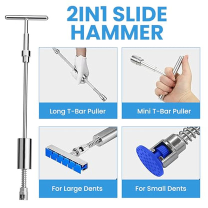 97 PCs Dent Puller Kit, PDR Tools-Car dent pop Out Tool kit | Paintless Dent Removal Kit with Golden Lifter, Bridge Puller, Slide Hammer T-Bar, Suction Cups, Glue Gun, Puller Tabs etc.