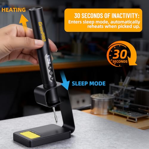 GRENPRO Cordless Soldering Iron Kit, 7 Seconds Fast Heating (300F-1020F), Auto Sleep, 3 Precision Soldering Tips (C210), 360 Swivel Stand, Digital Display, LED Light for Precision Repair