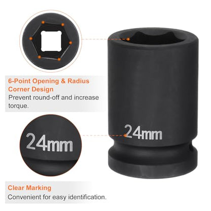 HARFINGTON 6-Point Impact Socket 3/4" Drive 24mm Metric 40Cr Alloy Steel Spindle Axle Nut Impact Socket - size: 24mm