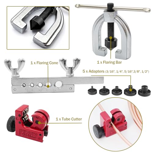 Brake Line Flaring Tool Kit & 25Ft 1/4" 3/16" Copper Plated Brake Line Kit, 32 Pcs Inverted Flare Fittings, Double & Single Flaring Tool for Brake Line Repair
