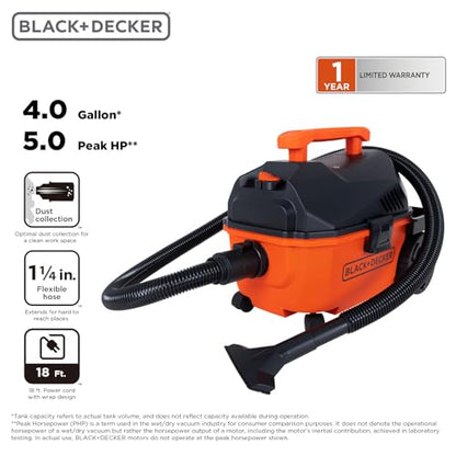 BLACK+DECKER Shop Vacuum Wet and Dry, 4 Gallon 5.0 Peak HP Wet/Dry Vacuum, Quiet Operation with Muffler, Long Reach Cleaning Range & On-Board Storage, Complete Accessory Set, BDXV18905P-4 - size: 4 Gallon 5 HP