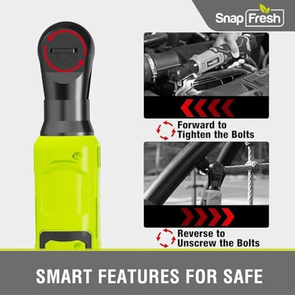 SnapFresh 12V Electric Ratchet Cordless, 3/8" with 9 Socks & 1/4" Adapter | UL Certificated Battery & Charger, 55Ft-lbs Torque,0-220RPM Speed Control, 2 Battery, 50-min Runtime, Cordless Ratchet Wrench
