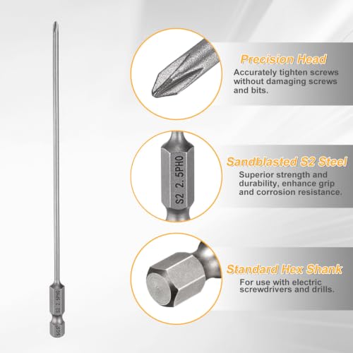 HARFINGTON 4pcs #0 Phillips Screwdriver Bit PH0 1/4" Hex Shank 6" (150mm) Long 0.1" Rod Magnetic Cross Head Drill Bits S2 Steel Industrial Screw Driver Bit for Electric Power Tools, Gray - size: PH0 x 6" x 0.1"