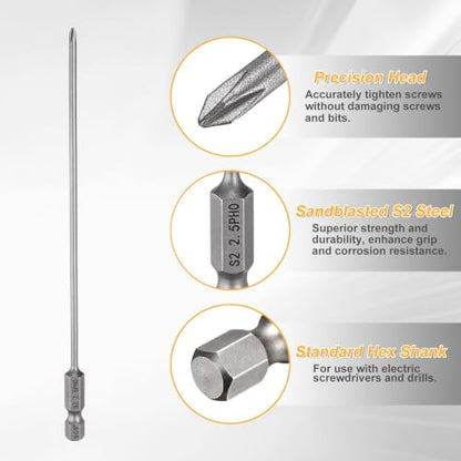HARFINGTON 4pcs #0 Phillips Screwdriver Bit PH0 1/4" Hex Shank 6" (150mm) Long 0.1" Rod Magnetic Cross Head Drill Bits S2 Steel Industrial Screw Driver Bit for Electric Power Tools, Gray - size: PH0 x 6" x 0.1"