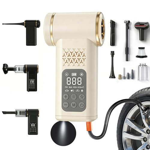 Car Tire Inflator- Vacuum Cleaner- Air Compressor 3-in-1 150PSI Air Pump Cordless Rechargeable USB Portable Battery Operated Inflatables for Car, Motorcycle, Bike, Balls - color: White