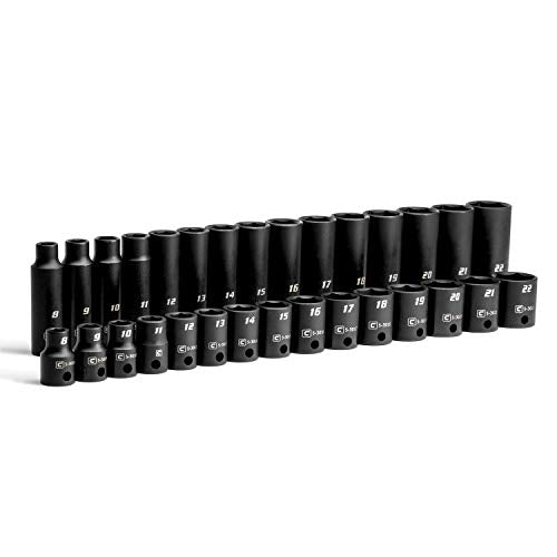 Capri Tools 3/8-Inch Drive Shallow and Deep Impact Socket Set, Metric, 8 to 22 mm, Premium Chrome Molybdenum Steel, 30-Piece - size: Shallow & Deep Set / 8-22 mm