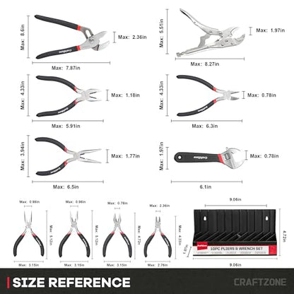 10PC Pliers and Wrench Set with Storage Rack – Includes Channel Lock | Long Needle Nose | Diagonal Cutter | Groove Joint | Linesman & Mini Plier, Carbon Steel Tool Kit for DIY and Home a Gift for Man - size: 10pc
