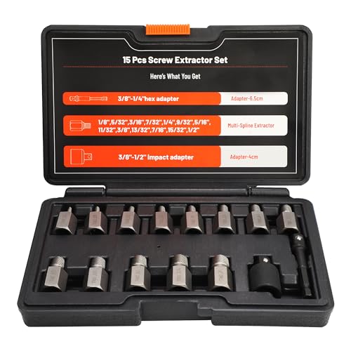 15Pcs Screw Extractor Set Double Hex Head Multi-Spline Lug Nut Remover | 3/8 Inch Drive Easy Out Bolt Extractor Set for Removing Stripped, Rounded, Damaged, Broken Studs Bolts Screws - size: 15pcs