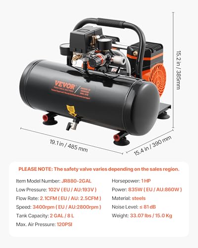 VEVOR Air Compressor, 2 Gallon Steel Tank, 1HP 2.1CFM @ 90PSI Oil Free Air Compressor & Max. 120PSI Pressure, 81dB Ultra Quiet Portable Compressor for Auto Repair, Tire Inflation, Spray Painting, 120V - size: 2 Gallon