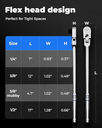 toolant 4Pcs Flex Head Ratchet Set, 1/4“&3/8"&1/2" Drive Gear Wrench Compact Head Ratchet Wrenches, 90-Tooth Gear, 180° Flex, 11 Positions, Longer Handle, 1.5X ASME Durability - size: 1/4" & 3/8" & 1/2" - 4-Piece Set, style: Flex-head Ratchet